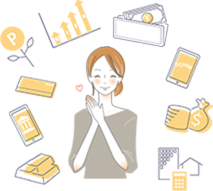 微笑む女性のイラストの周りにお金に関するアイコンが配置されているイラスト